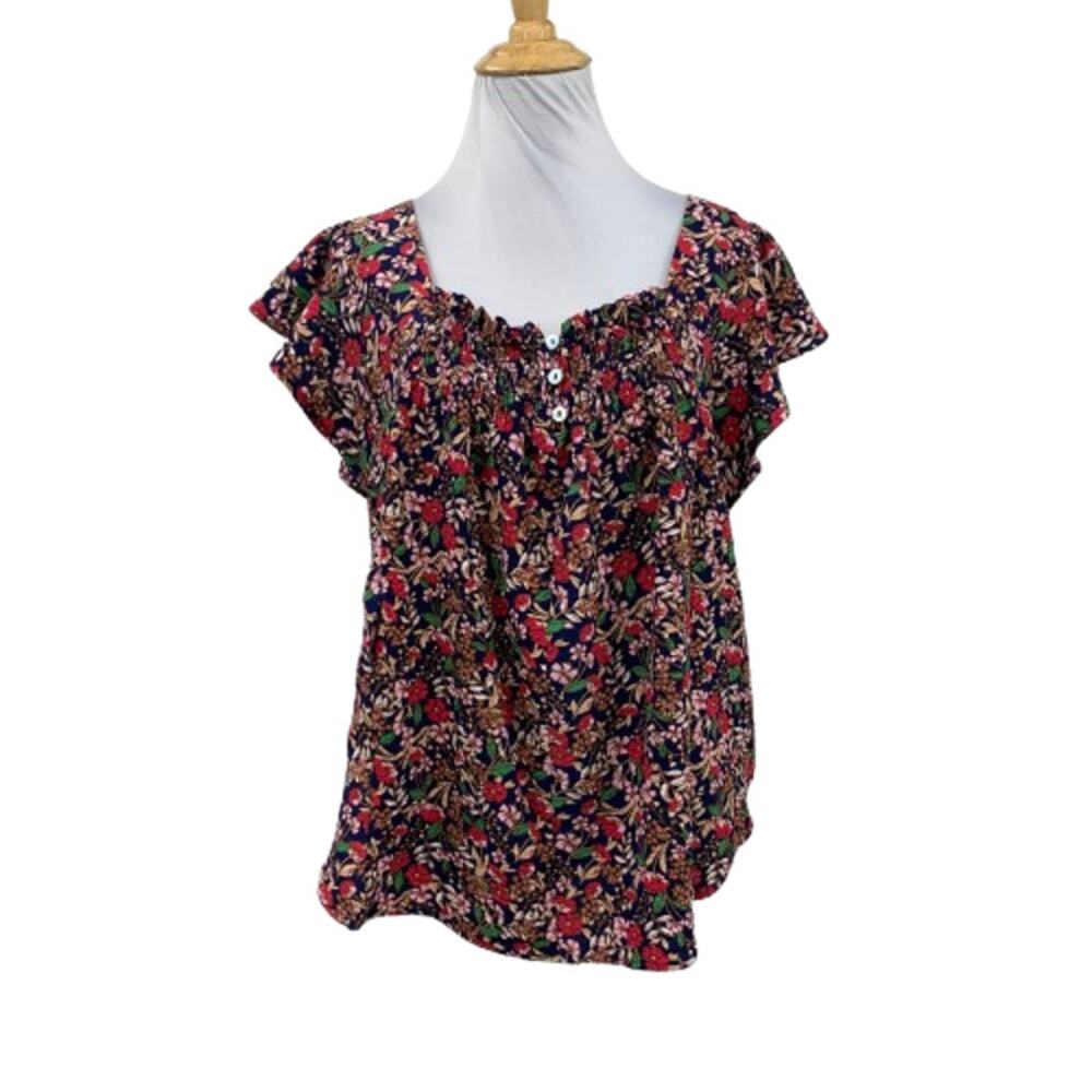 Draper James Top Womens S Small Navy Flutter Sleeve Square Neck Smocked Floral